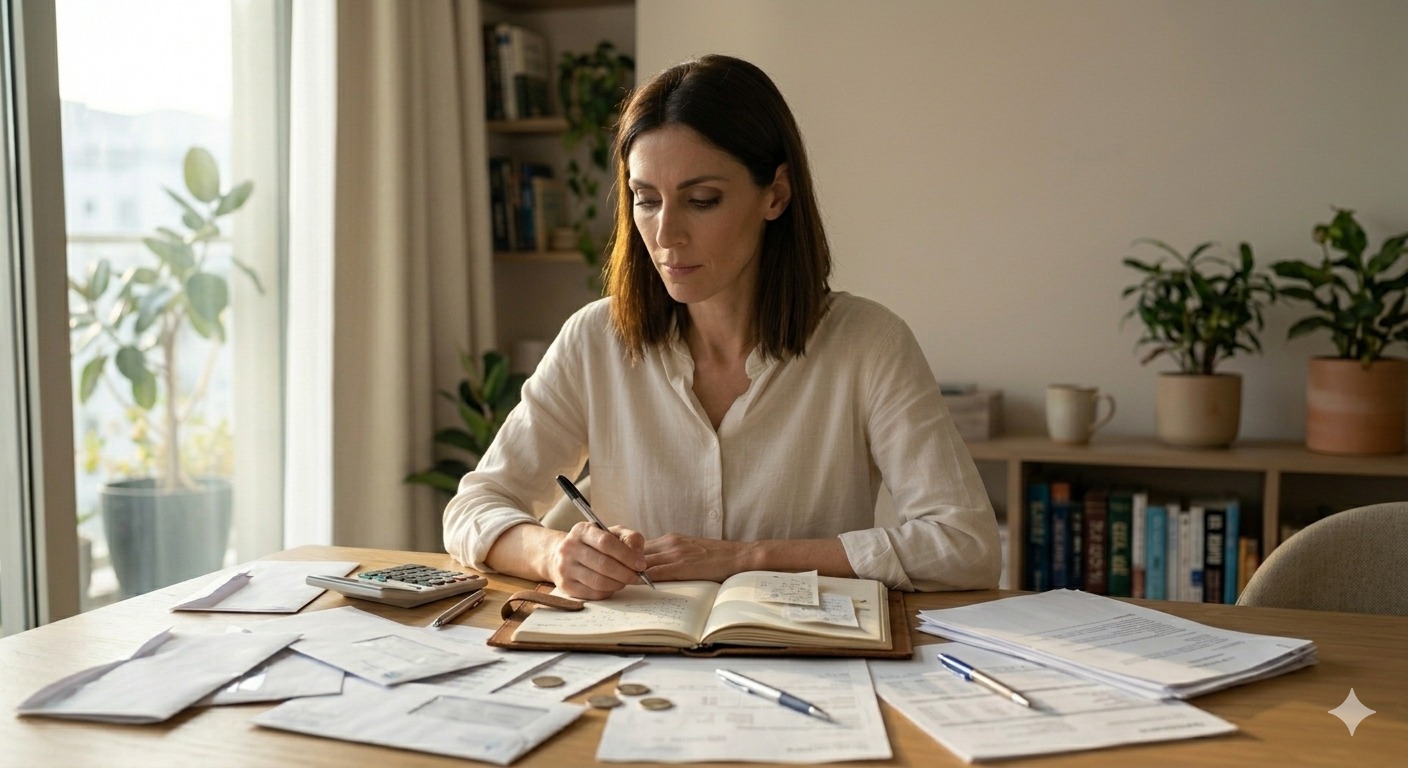 אישה מתמודדת עם עומס מסמכים והלוואות